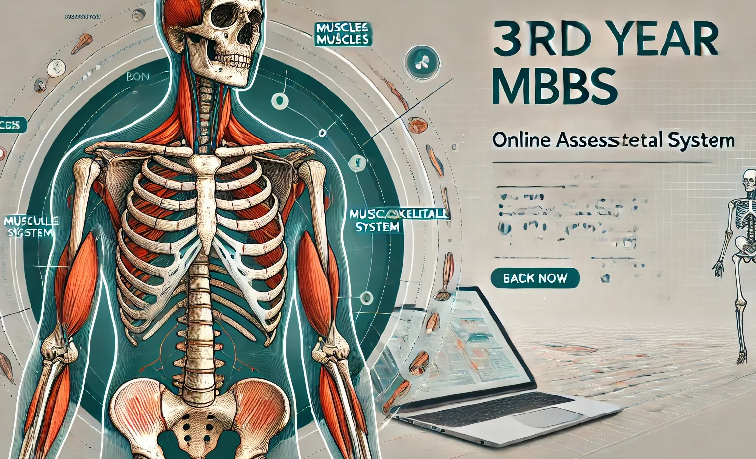 DALL·E 2024-09-29 14.32.16 – An illustration for an online assessments module of a website, focused on the musculoskeletal system for 3rd year MBBS students. The image should incl