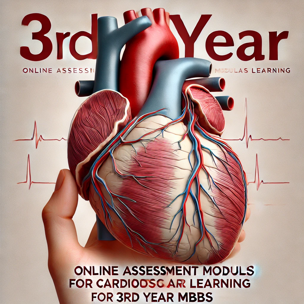 DALL·E 2024-09-29 14.42.28 – An educational poster displaying ‘Online Assessment Modules for Cardiovascular Learning for 3rd Year MBBS’ with an anatomically correct heart in the b